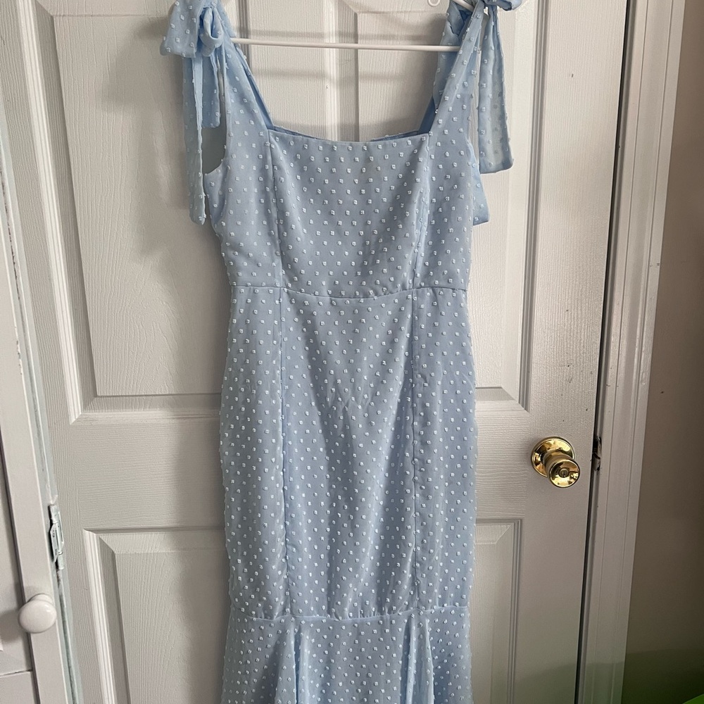 Lulu’s Light Blue Swiss Dot Midi Dress with Tie Straps